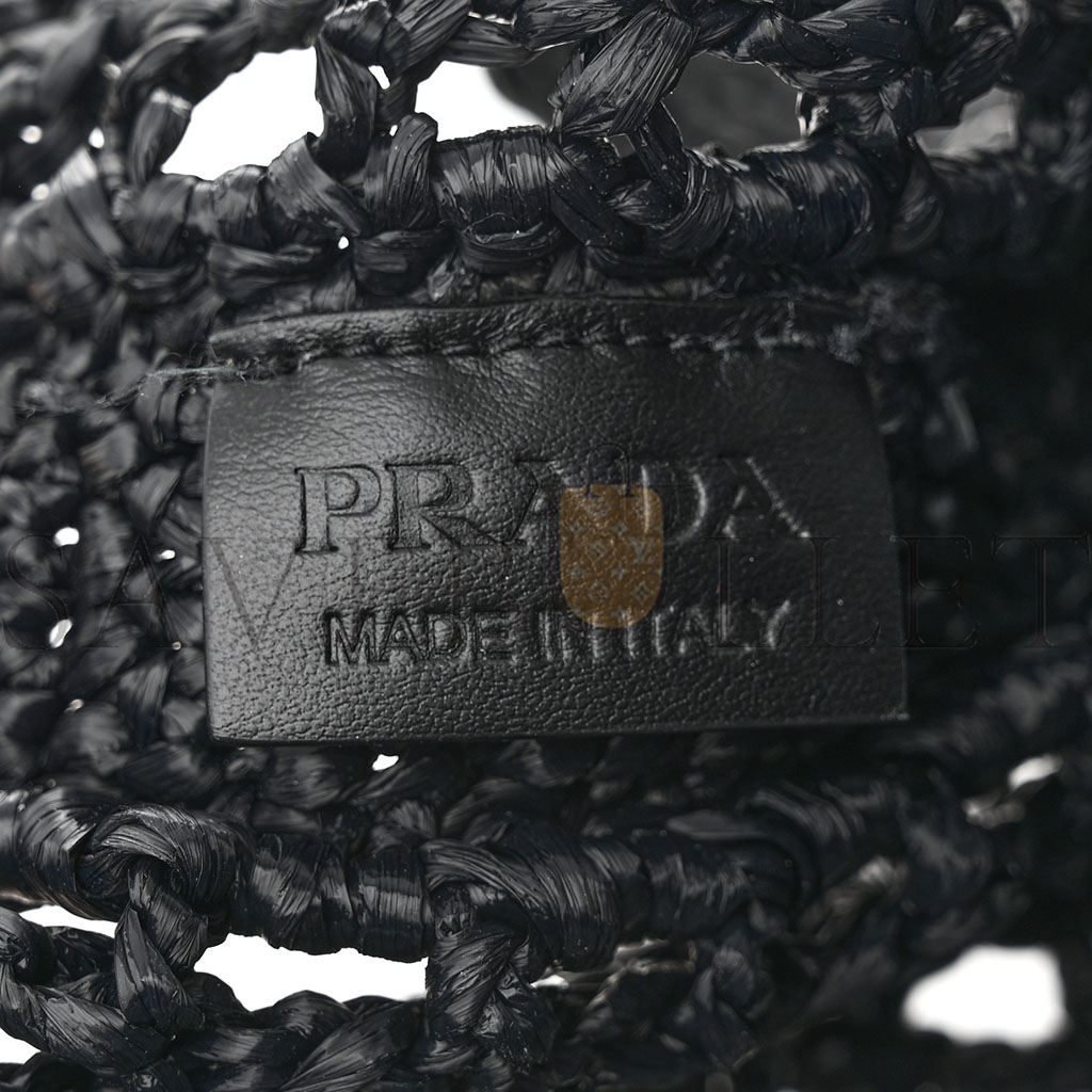 Pra*a raffia embroidered logo tote bag black (37*36*4cm)