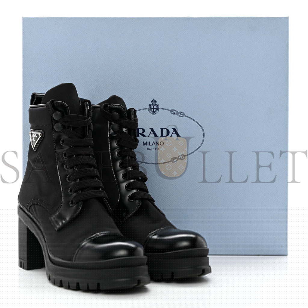 Pra*a spazzolato re-nylon metal triangle logo lace up 55mm ankle boots 36.5 black