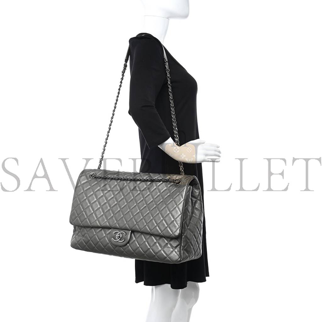 Ch*el calfskin quilted xxl travel flap bag khaki silver hardware (46*28*14cm)