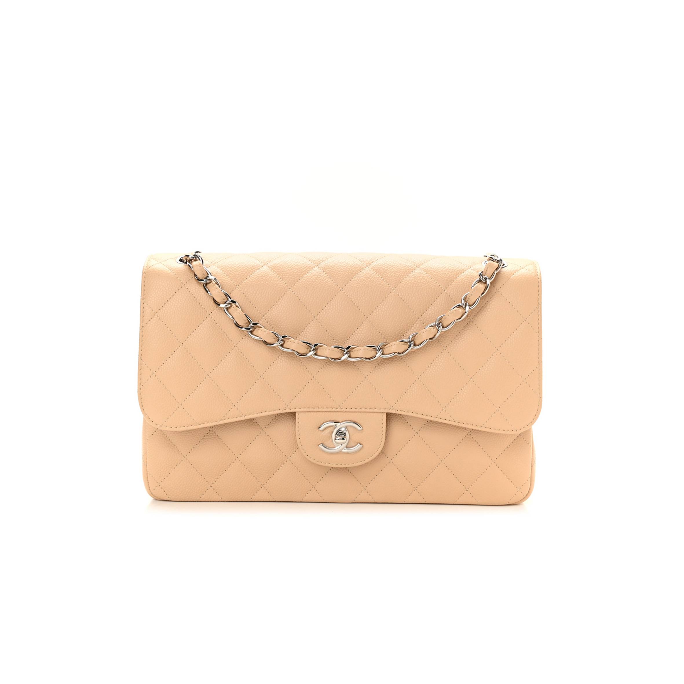 Ch*el caviar quilted jumbo double flap beige silver hardware (30*19*9cm)