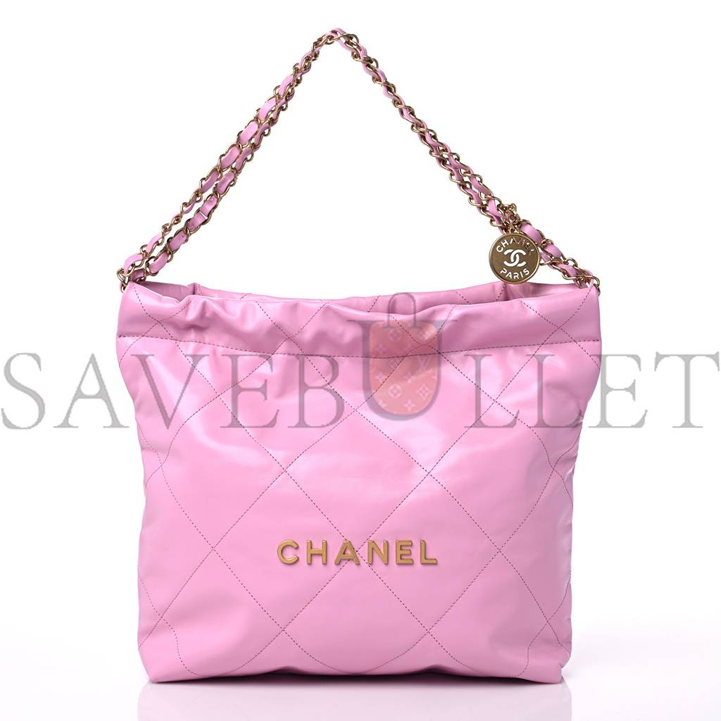 Ch*el shiny calfskin quilted small Ch*el 22 pink gold hardware (37*35*7cm)