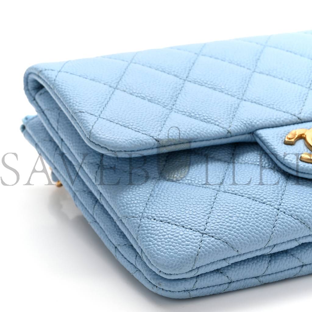 Ch*el shiny caviar pick me up flap belt bag light blue gold hardware (17*13*3cm)