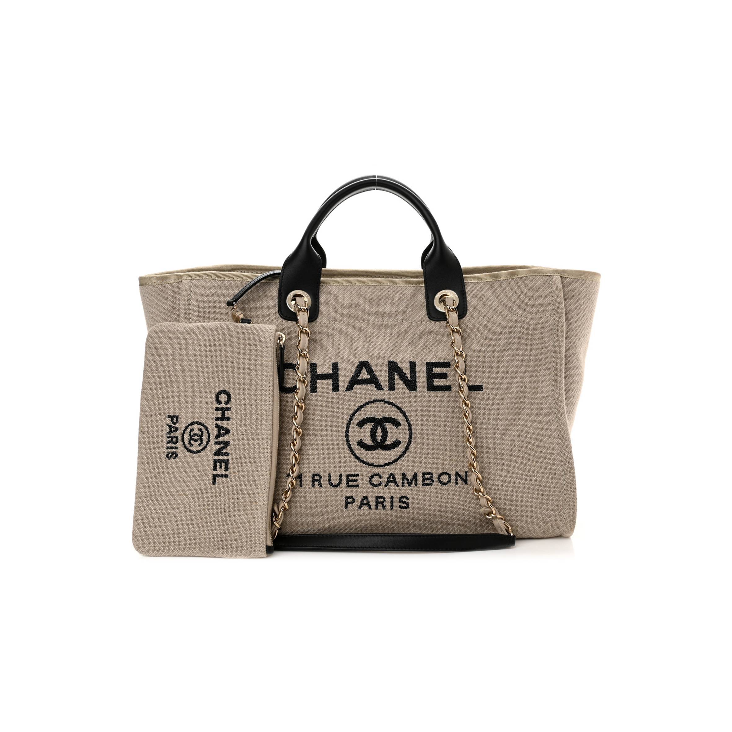 Ch*el mixed fibers medium deauville tote beige black (38*28*20cm)