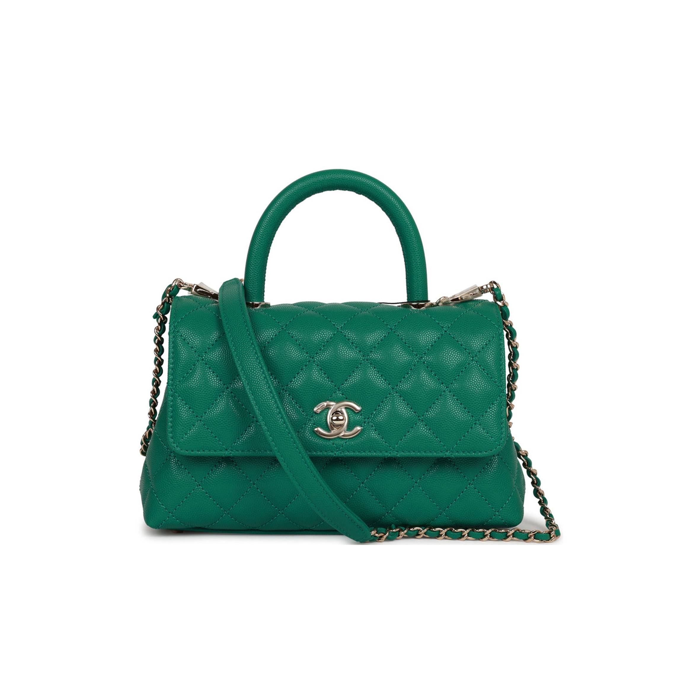 Ch*el small coco handle flap bag green caviar light gold hardware (23*15*10cm)