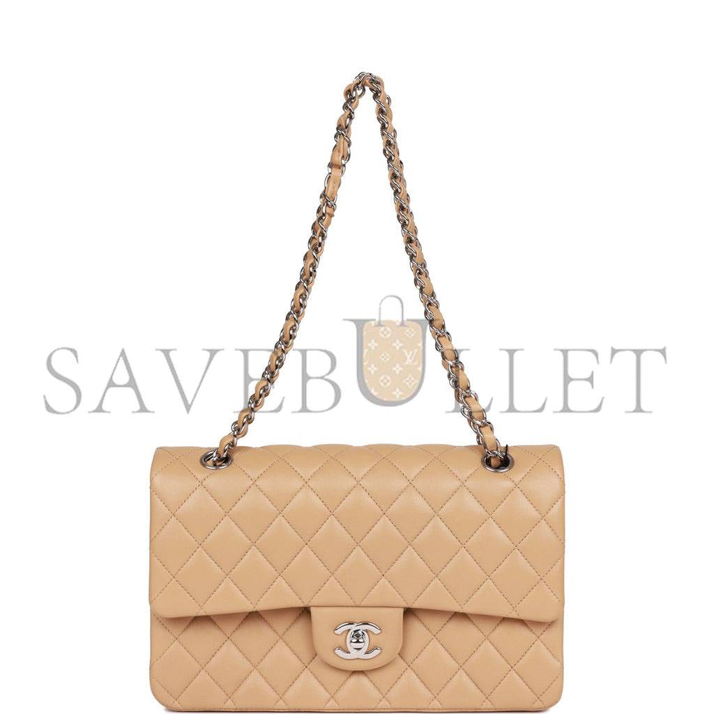 Ch*el medium classic double flap bag beige lambskin silver hardware (25*15*7cm)