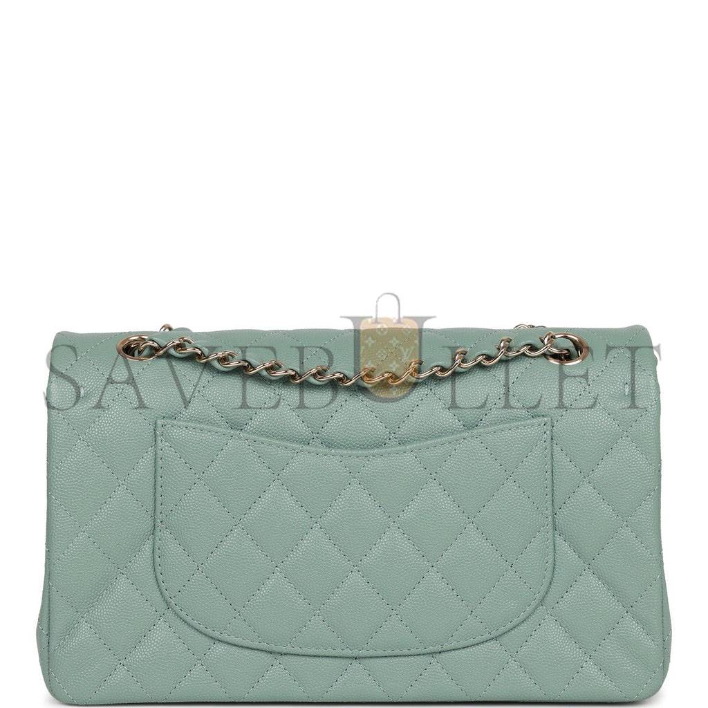 Ch*el medium classic double flap bag green caviar light gold hardware (25*15*7cm)
