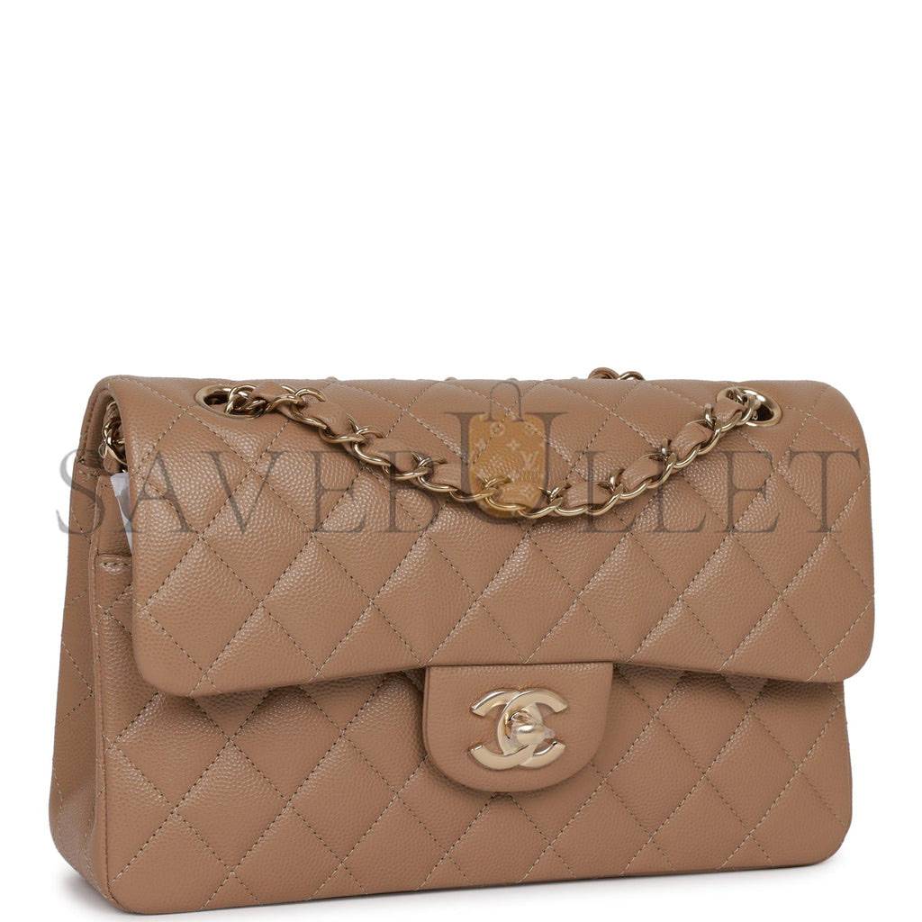 Ch*el small classic double flap dark beige caviar light gold hardware (23*13*6cm)