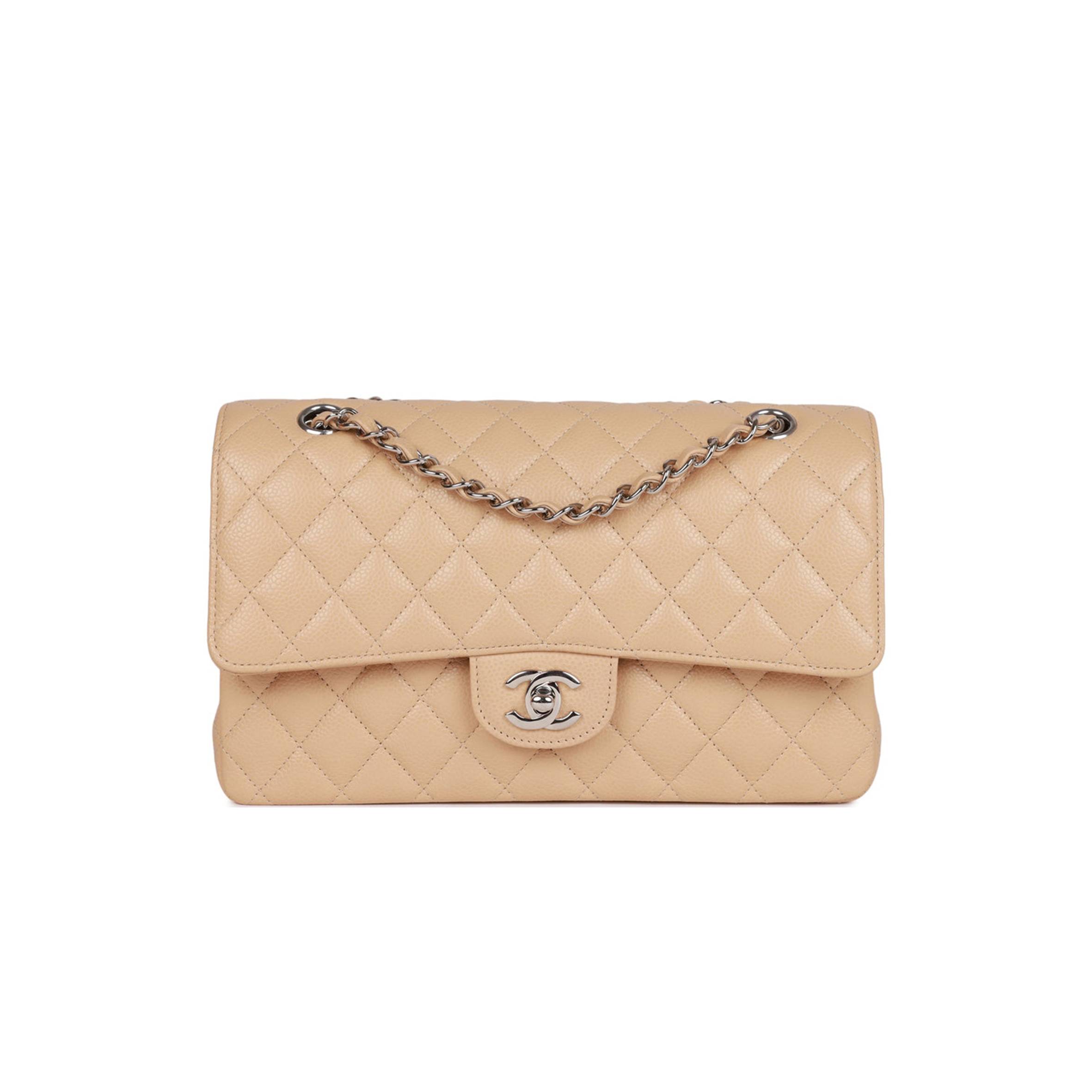 Ch*el medium classic double flap bag beige caviar silver hardware (25*15*7cm)