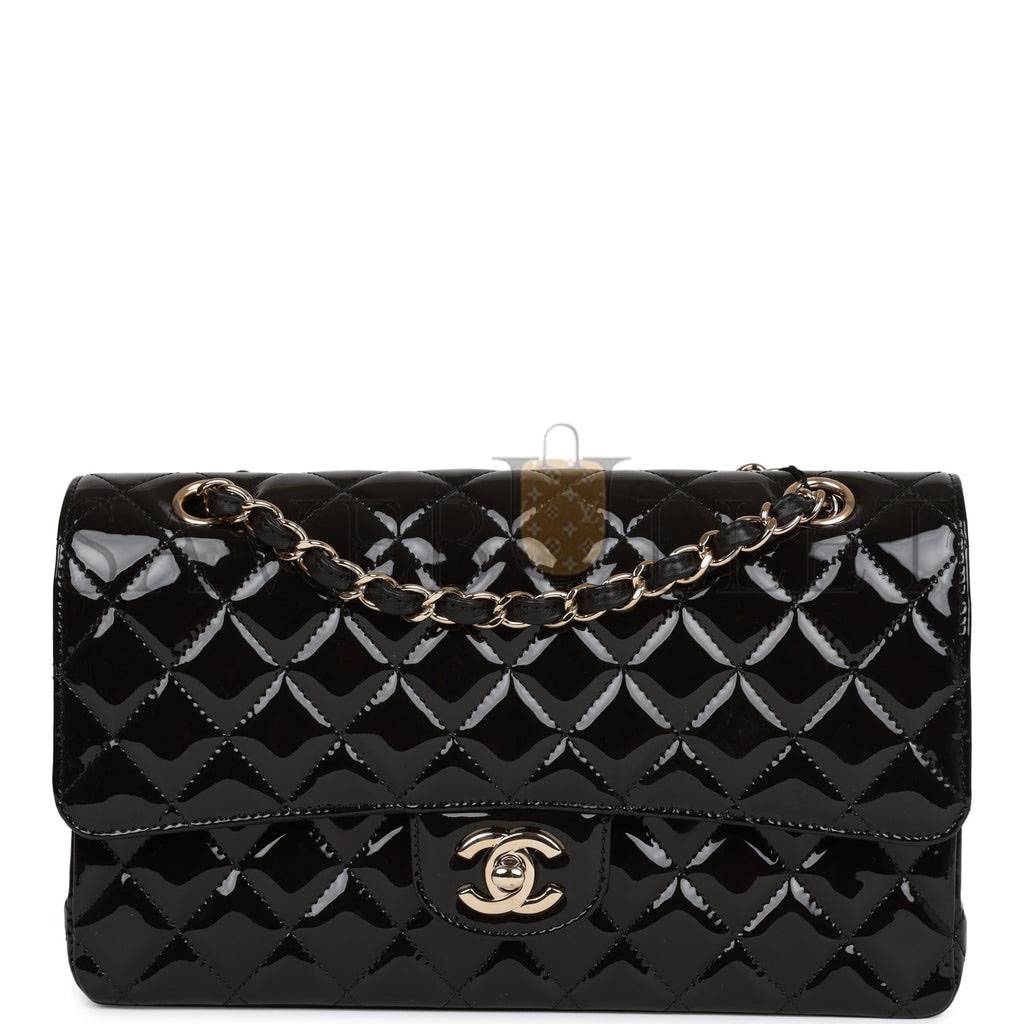 Ch*el medium classic double flap bag black patent light gold hardware (25*15*7cm)