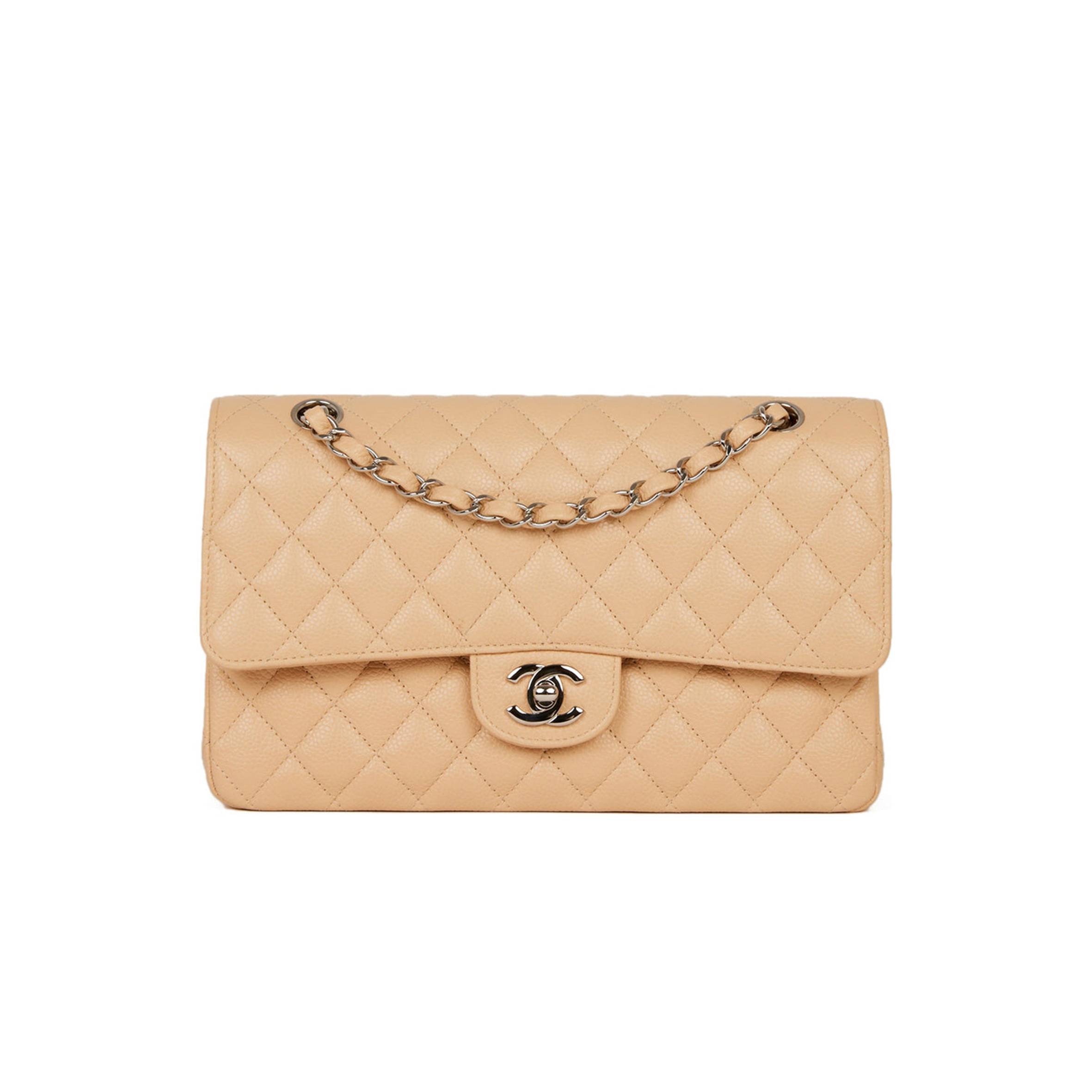 Ch*el medium classic double flap bag beige caviar silver hardware (25*15*7cm)