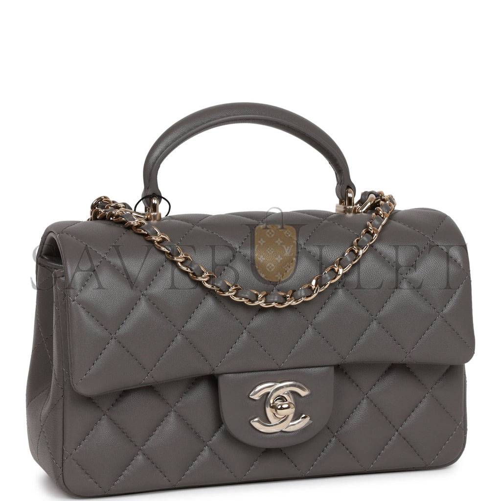 Ch*el mini rectangular flap bag with top handle dark grey lambskin light gold hardware (22*15*8cm)