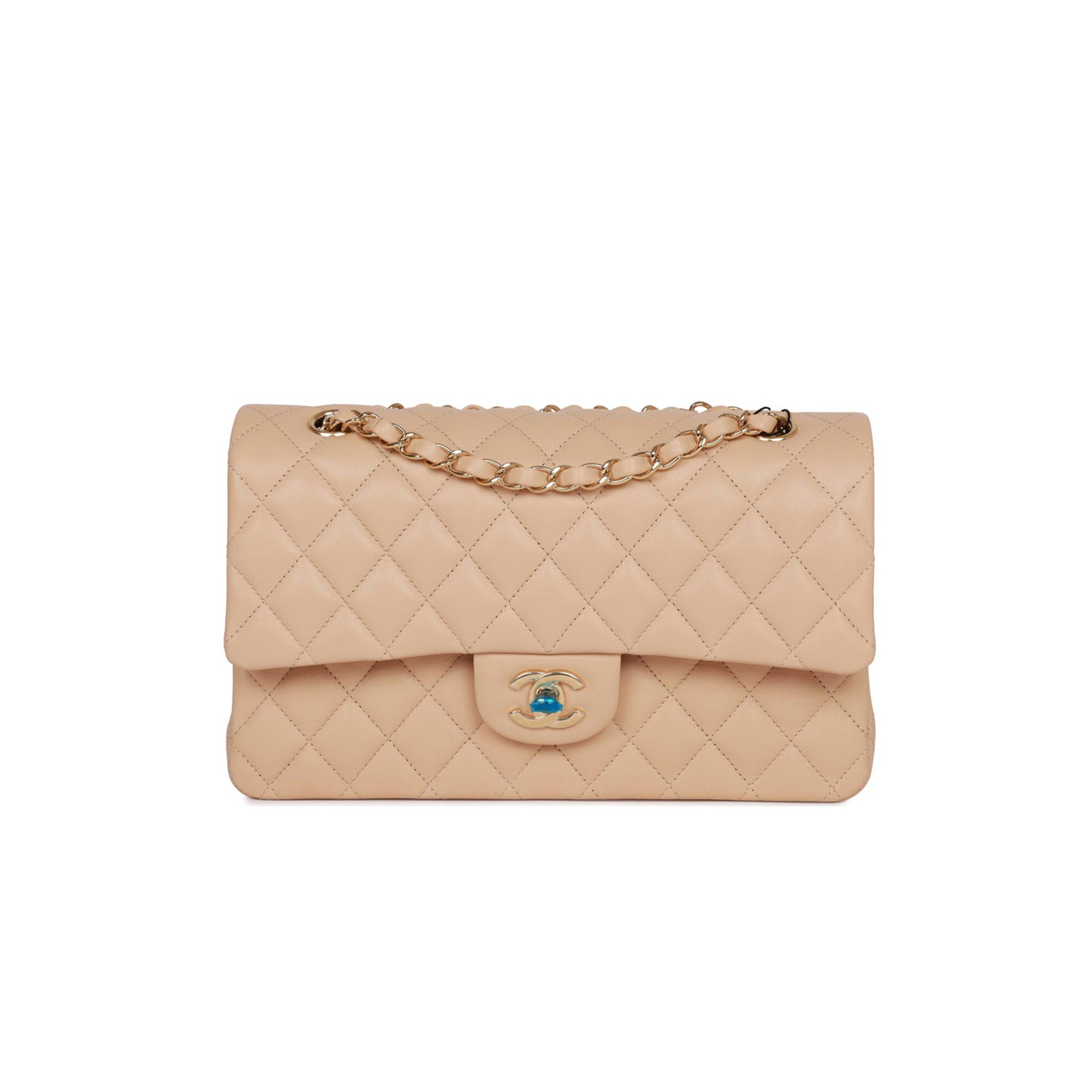 Ch*el medium classic double flap bag beige lambskin light gold hardware (25*15*7cm)