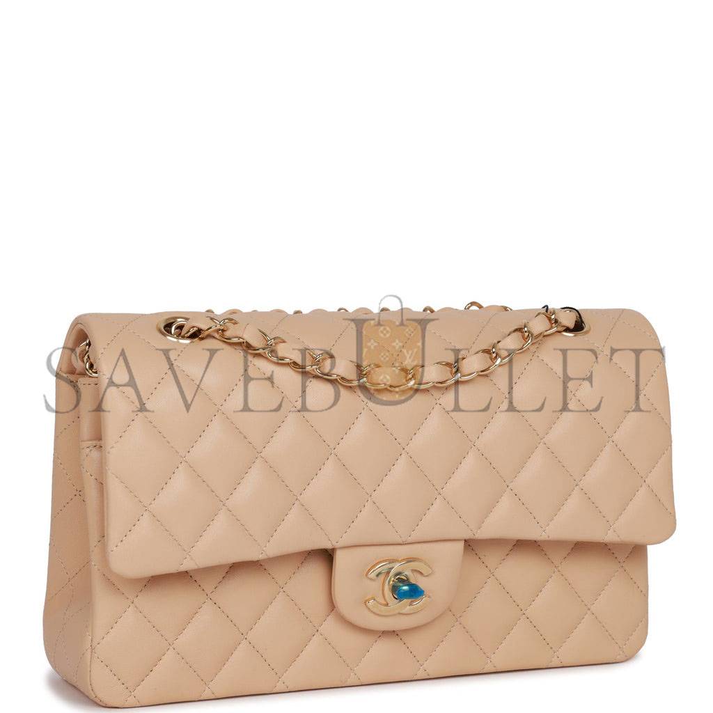 Ch*el medium classic double flap bag beige lambskin light gold hardware (25*15*7cm)
