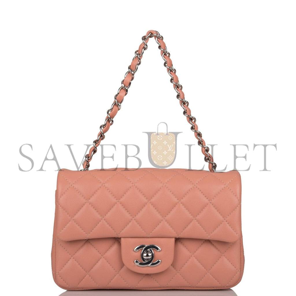 Ch*el mini rectangular flap bag rose lambskin silver hardware (20*13*6cm)