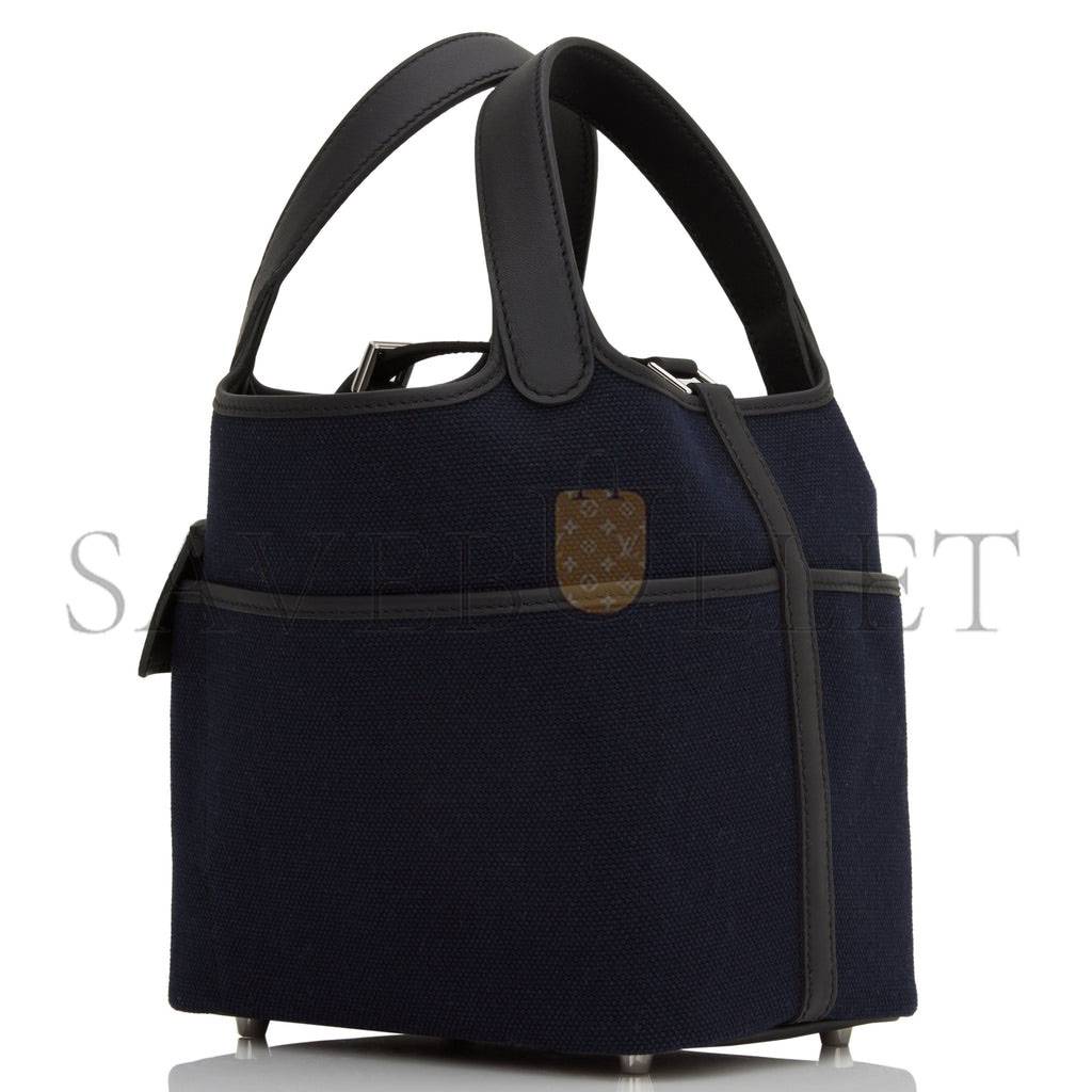 H**mes picotin cargo 18 bleu marine and black swift and toile canvas palladium hardwar(18*13*18cm)