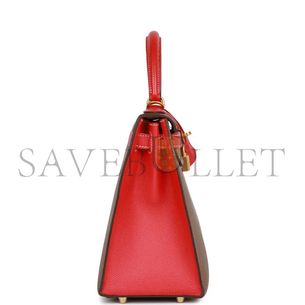 H**mes special order (hss) kelly sellier 28 etoupe and rouge tomate epsom brushed gold hardware (28*22*10cm)
