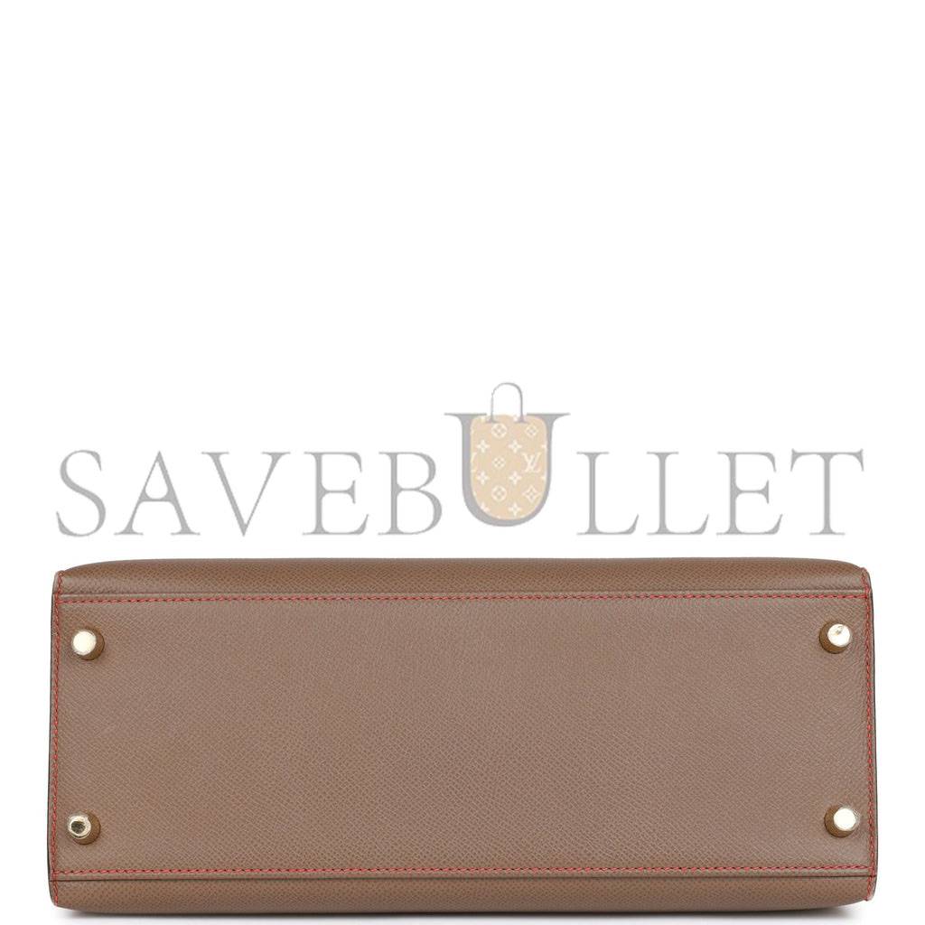 H**mes special order (hss) kelly sellier 28 etoupe and rouge tomate epsom brushed gold hardware (28*22*10cm)