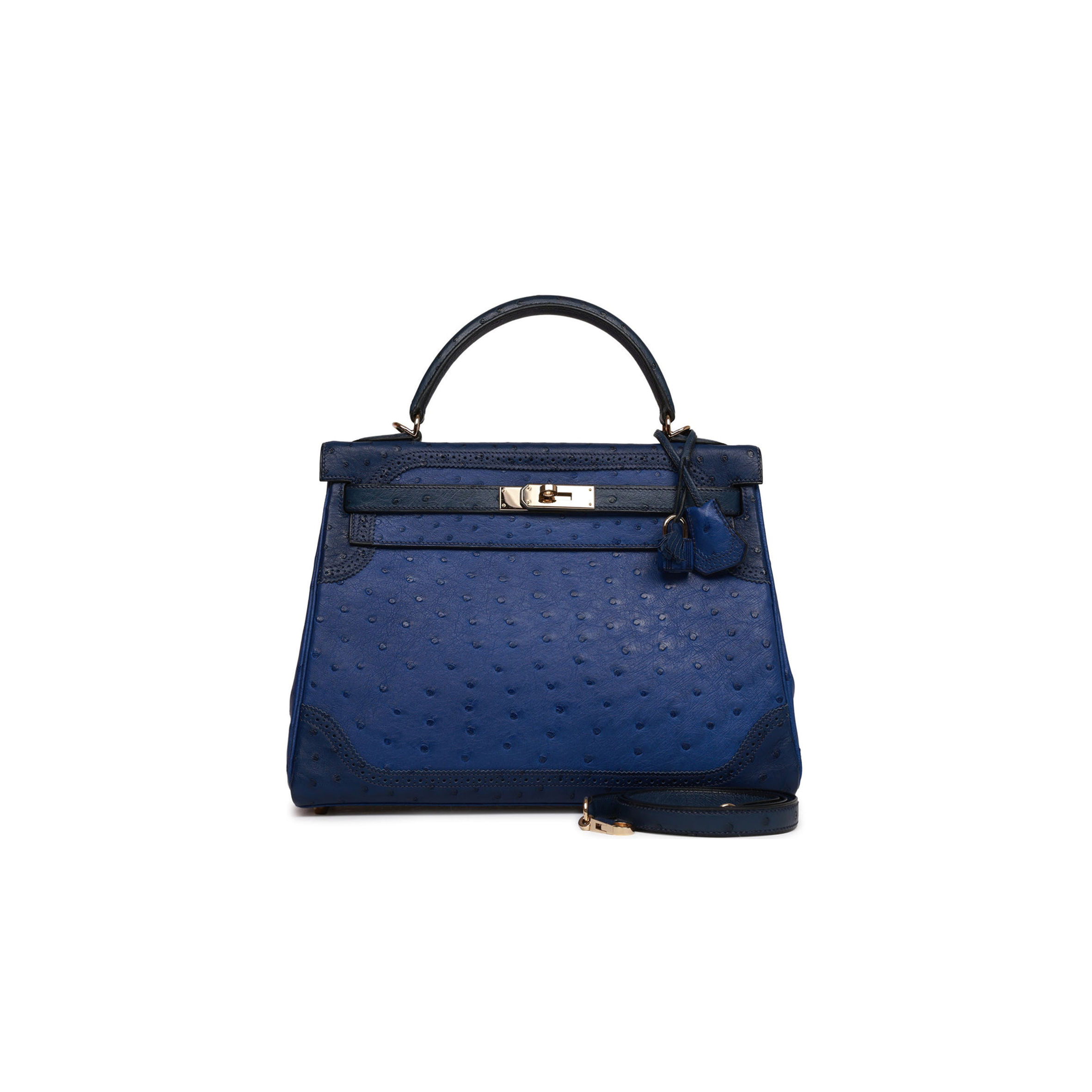 H**mes ghillies kelly retourne 32 bleu saphir, bleu iris and bleu de malte ostrich permabrass hardware (32cm)