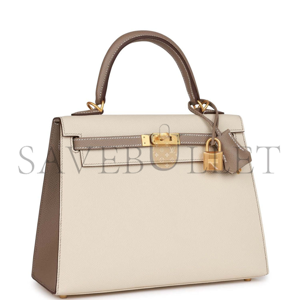 H**mes special order (hss) kelly sellier 25 craie and gris asphalte epsom brushed gold hardware handmade (25*17*7cm)
