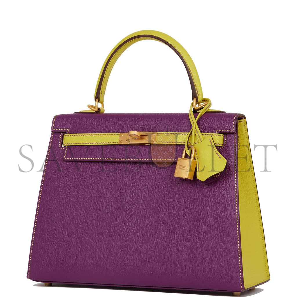 H**mes special order (hss) kelly sellier 25 anemone and lime chevre brushed gold hardware handmade (25*17*7)