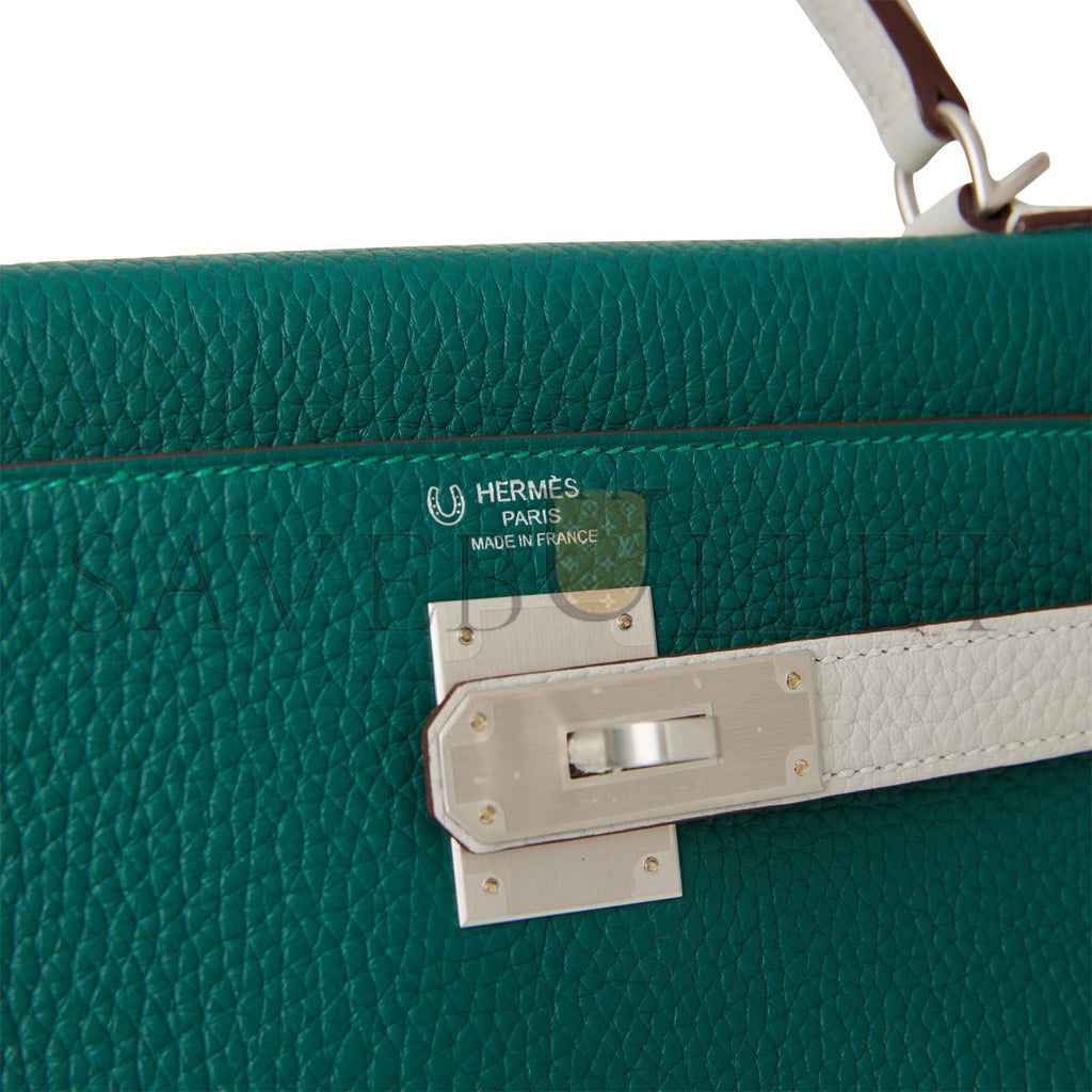 H**mes special order (hss) kelly retourne 28 malachite and gris perle clemence brushed palladium hardware (28*22*10cm)