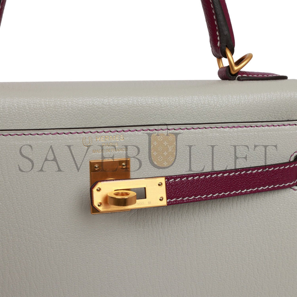 H**mes special order (hss) kelly sellier 25 gris perle and anemone chevre brushed gold hardware handmade(25*17*7cm)