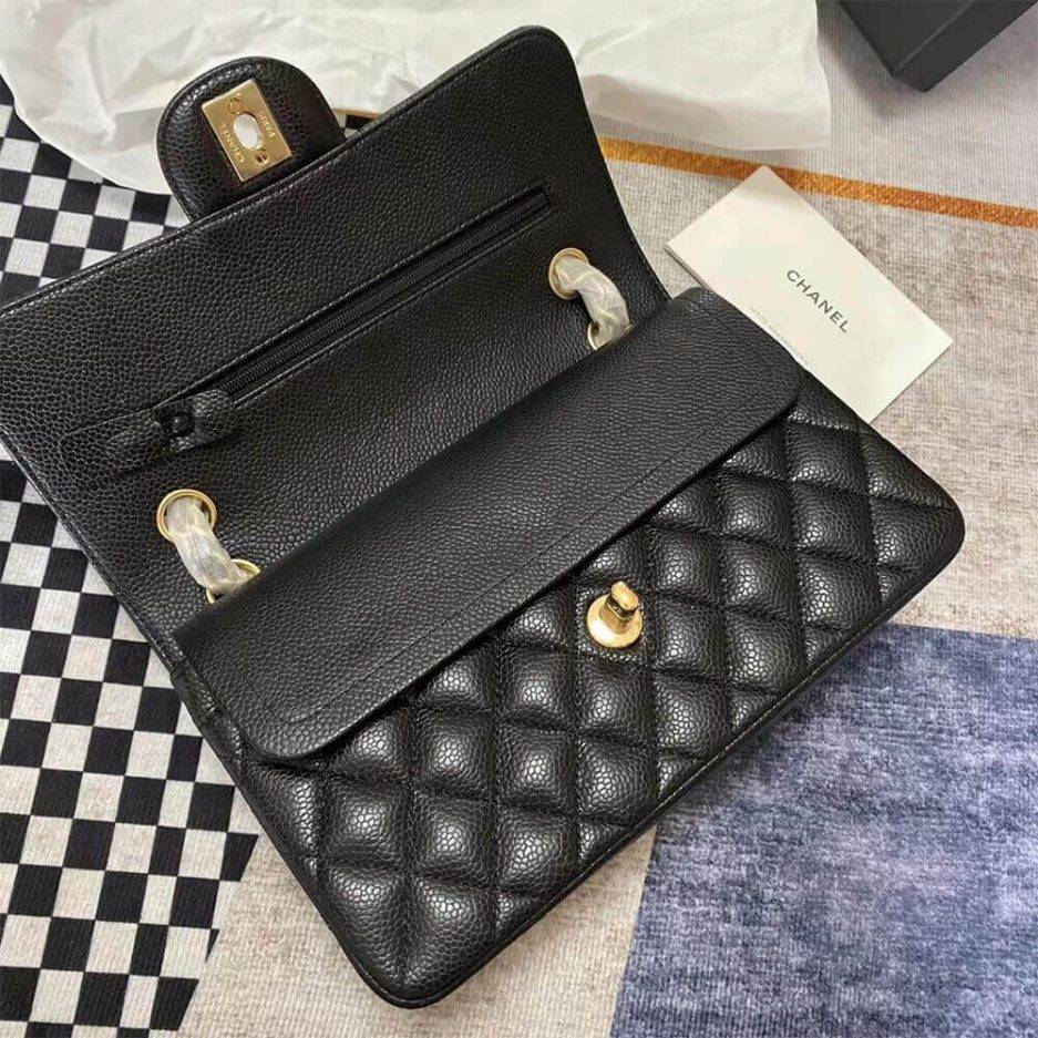 Ch*el classic flap medium black lambskin leather gold hardware (25.5*15.5*6.5cm)