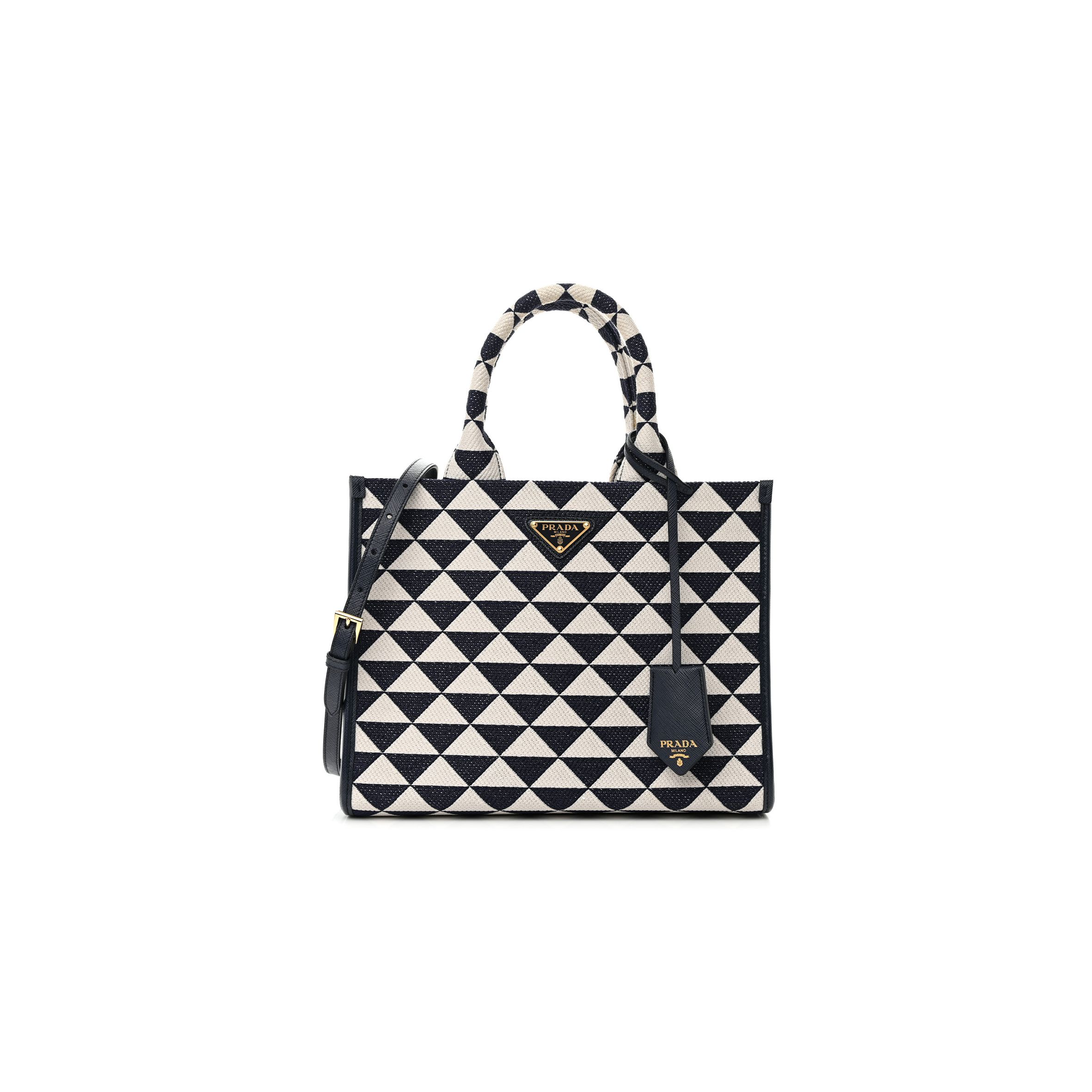Pra*a jacquard saffiano triangolo symbole embroidered small tote baltico talco (29*22*9cm)