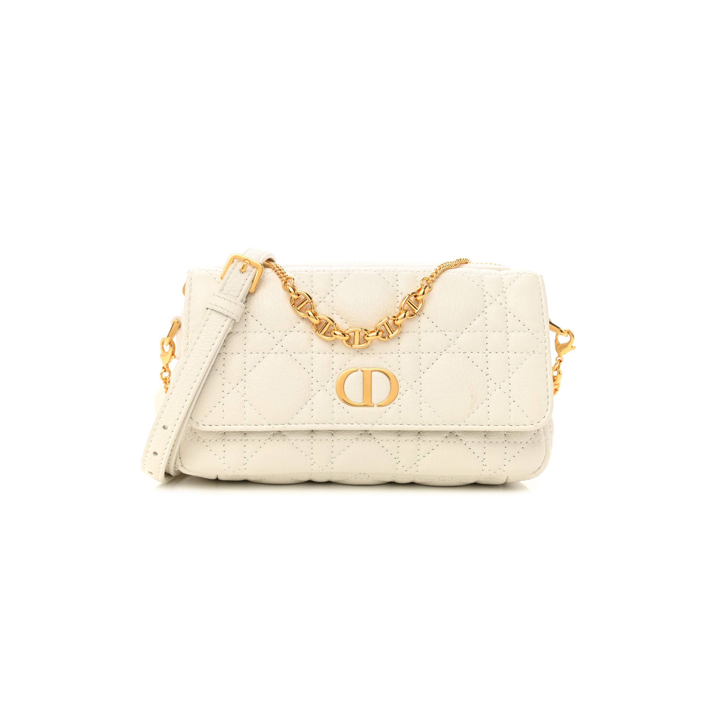 d*or S*pple calfskin cannage caro pouch with chain latte (18*10*6.4cm)
